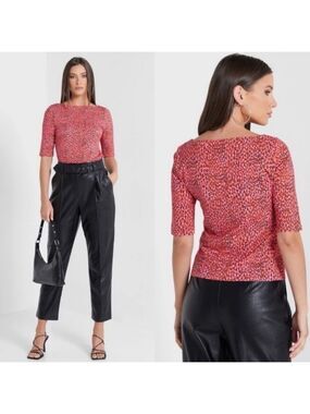 TED BAKER Cotton Willew Elbow Length Top in Pink Spotted Animal Print US Sz S